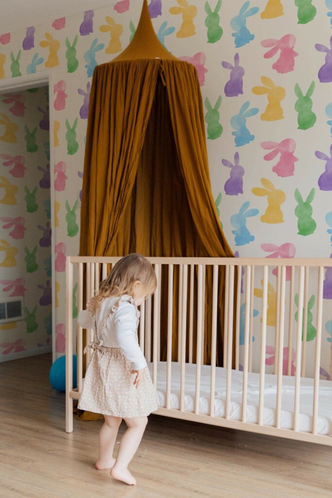 Neutral style nursery decorated with Watercolor bunny peel and stick wallpaper
