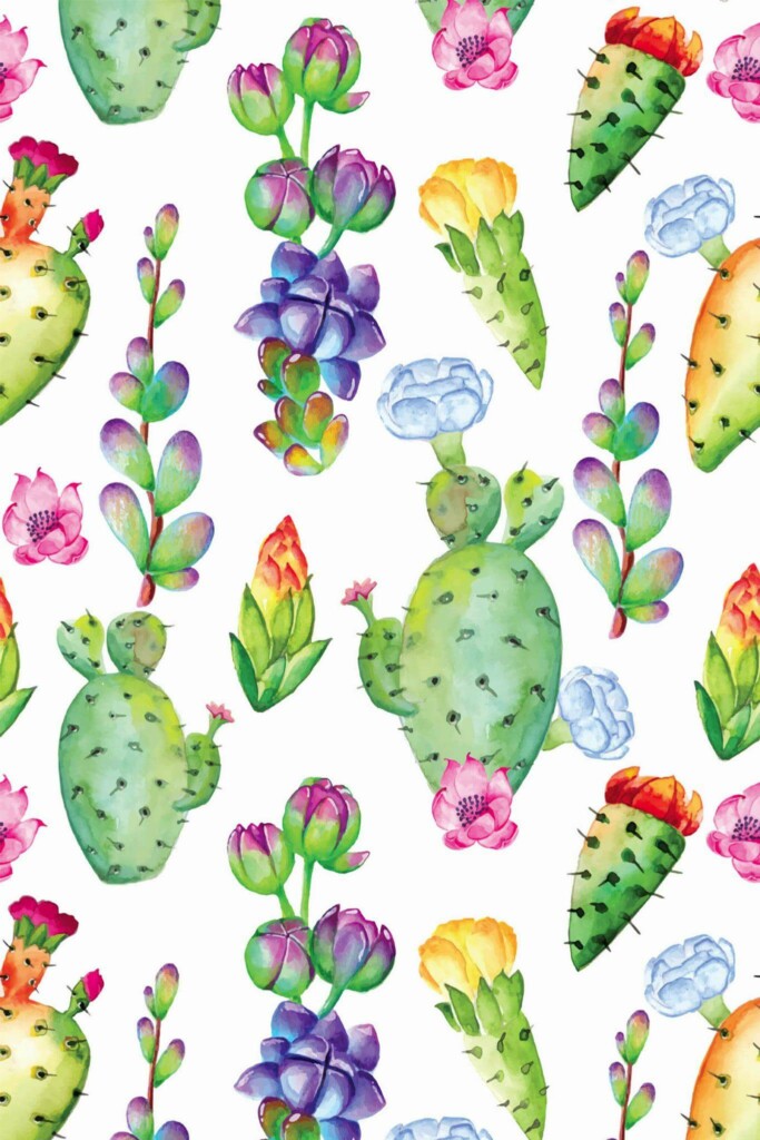 Pattern repeat of Watercolor cactus removable wallpaper design