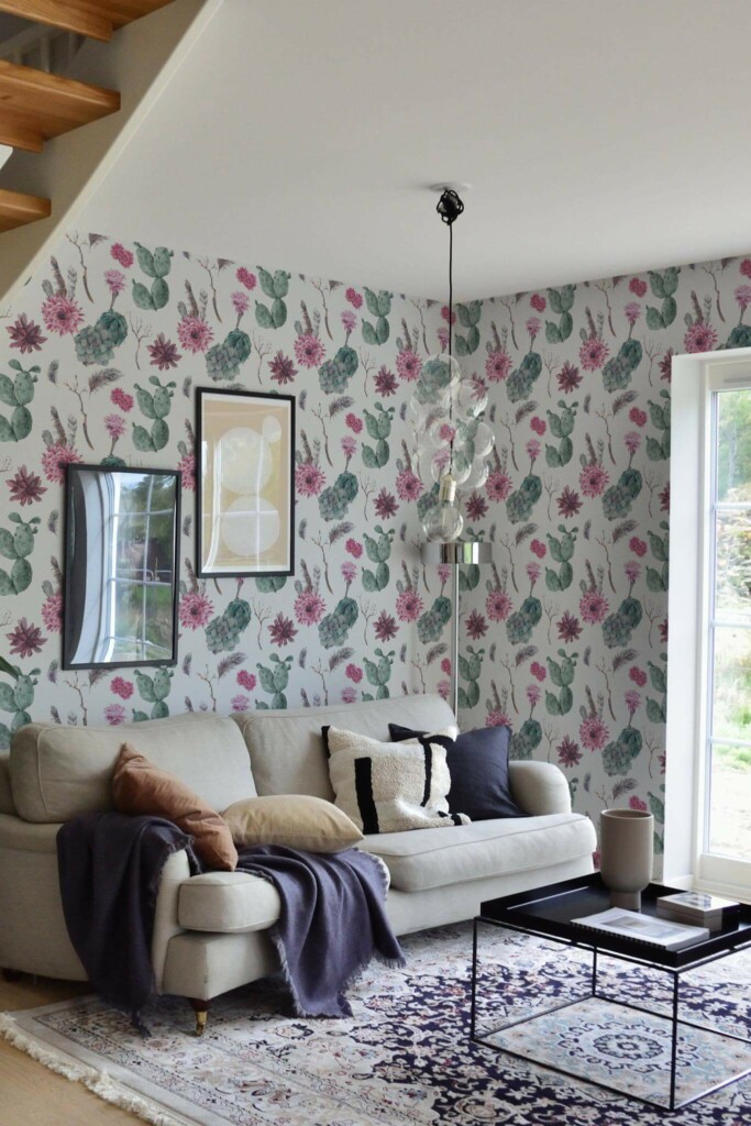 Contemporary style living room and kitchendecorated with Watercolor cactus peel and stick wallpaper