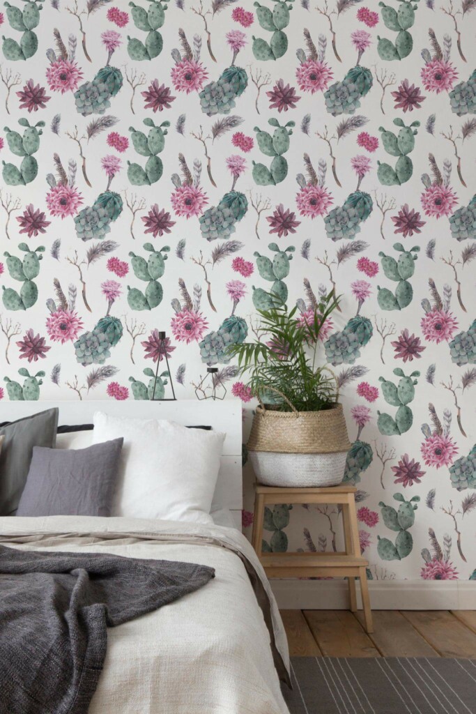 Scandinavian style bedroom decorated with Watercolor cactus peel and stick wallpaper