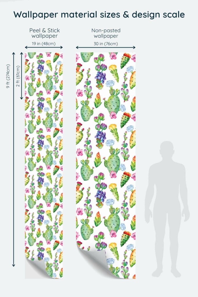 Size comparison of Watercolor cactus Peel & Stick and Non-pasted wallpapers with design scale relative to human figure