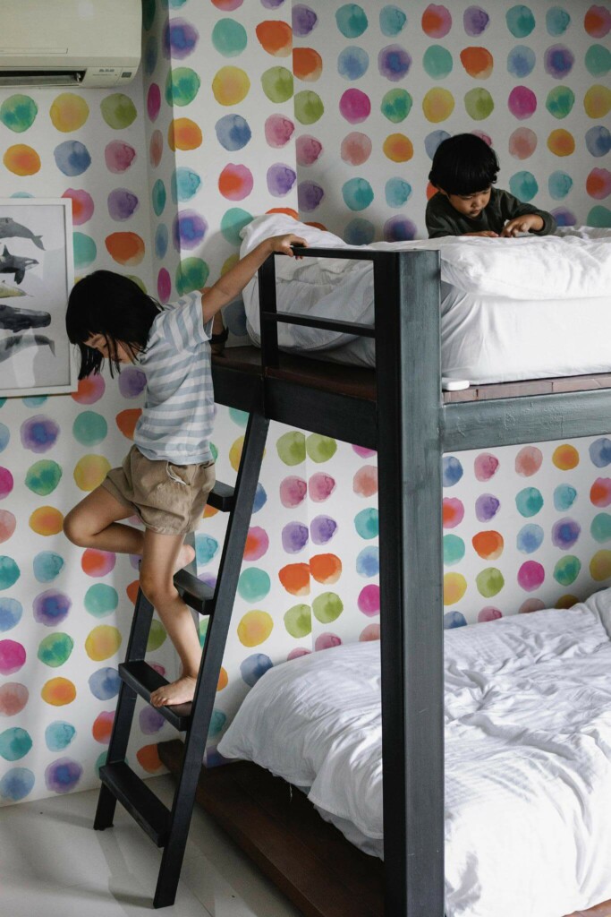 Minimalistic style kids room decorated with Watercolor circles peel and stick wallpaper