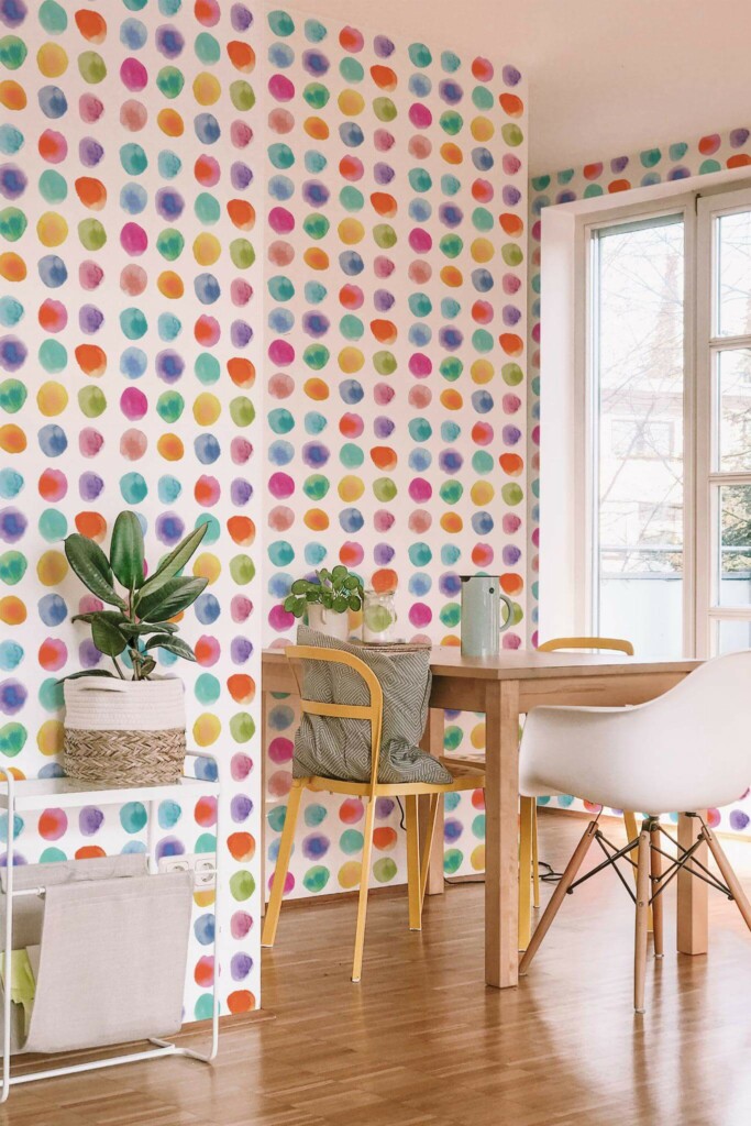 Minimal scandinavian style dining room decorated with Watercolor circles peel and stick wallpaper
