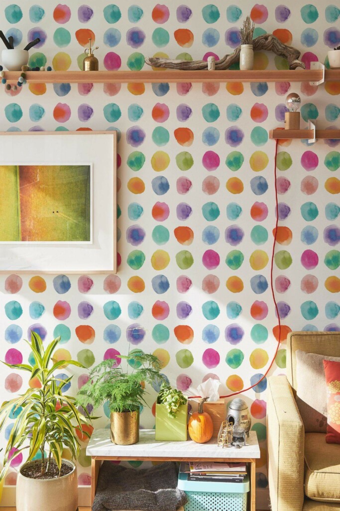 Southwestern style living room decorated with Watercolor circles peel and stick wallpaper