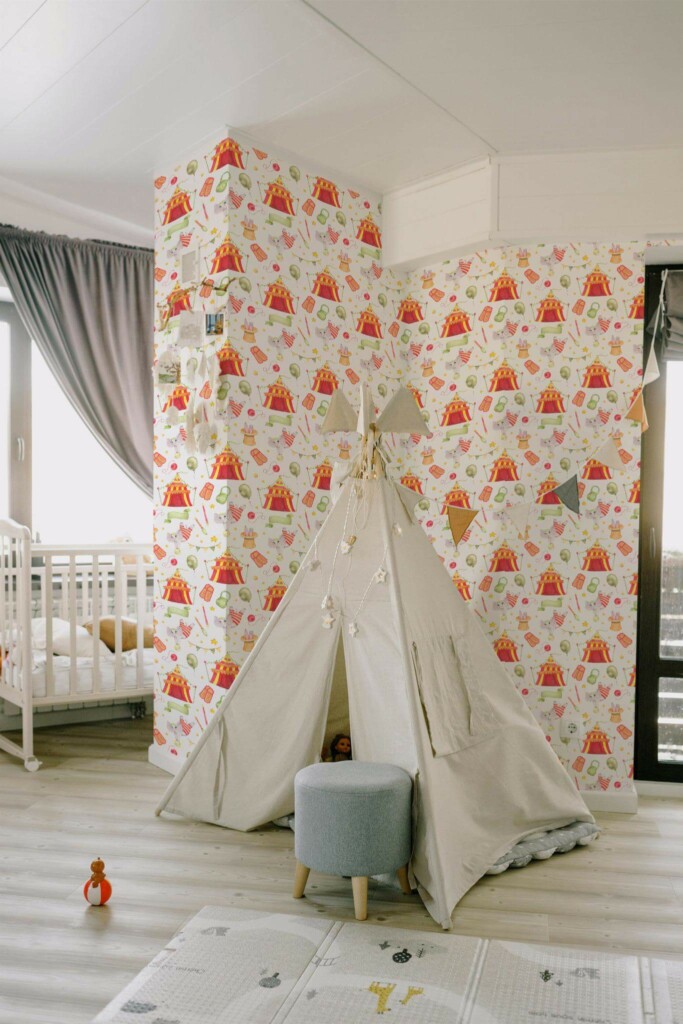 Boho style nursery decorated with Watercolor circus nursery peel and stick wallpaper