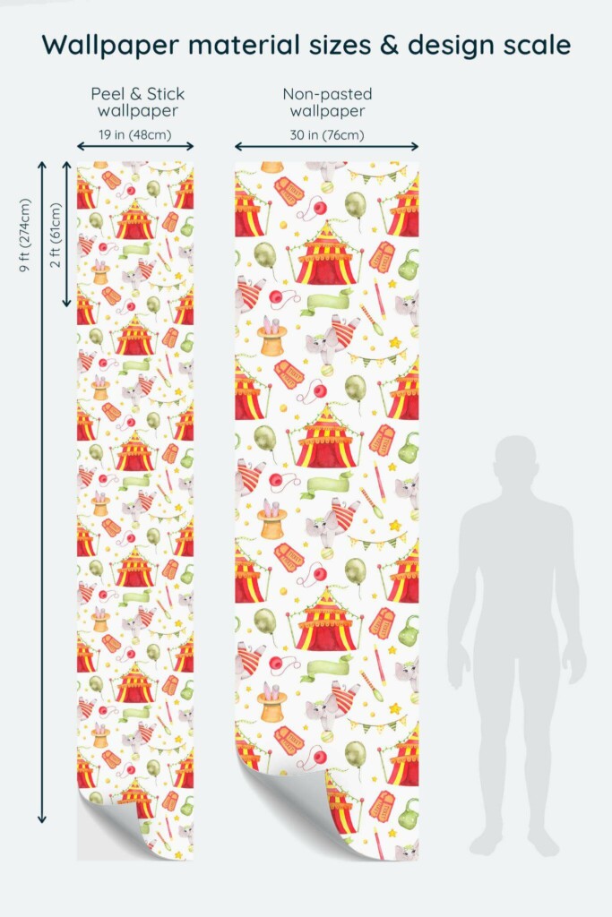 Size comparison of Watercolor circus Peel & Stick and Non-pasted wallpapers with design scale relative to human figure