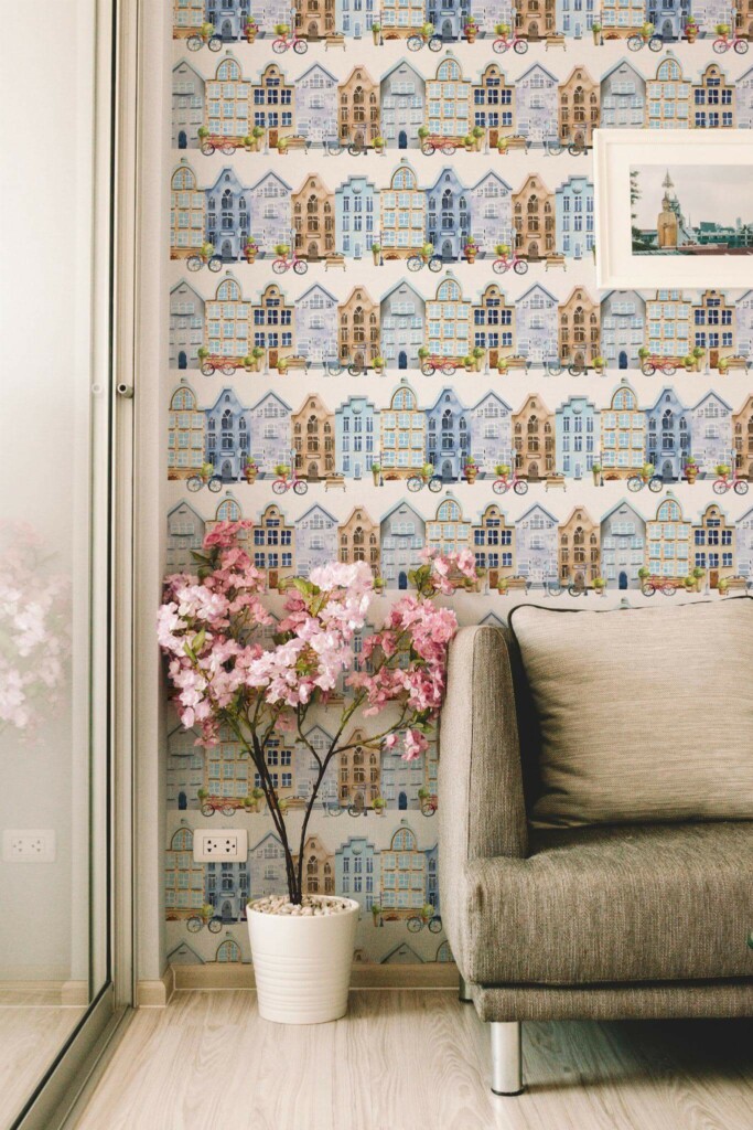 Modern farmhouse style living room decorated with Watercolor city peel and stick wallpaper
