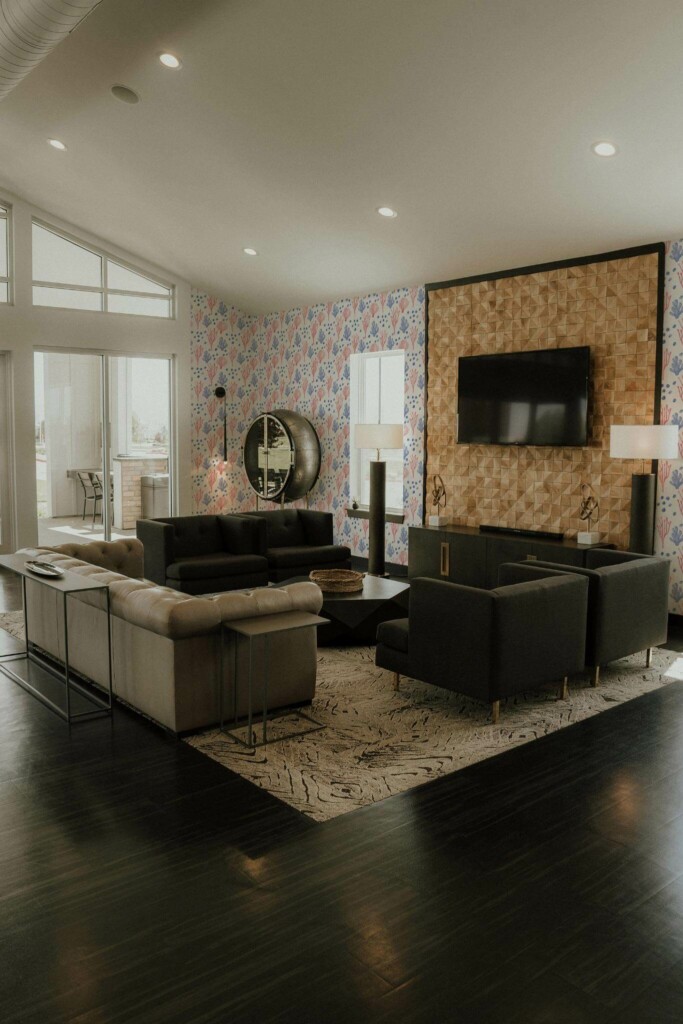 Hollywood glam style living room decorated with Watercolor Coral peel and stick wallpaper