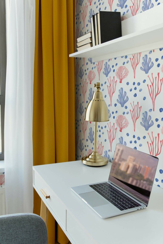 Scandinavian style home office decorated with Watercolor Coral peel and stick wallpaper