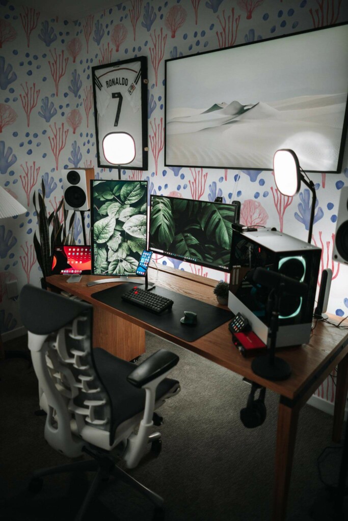 Modern eclectic style gaming room decorated with Watercolor Coral peel and stick wallpaper