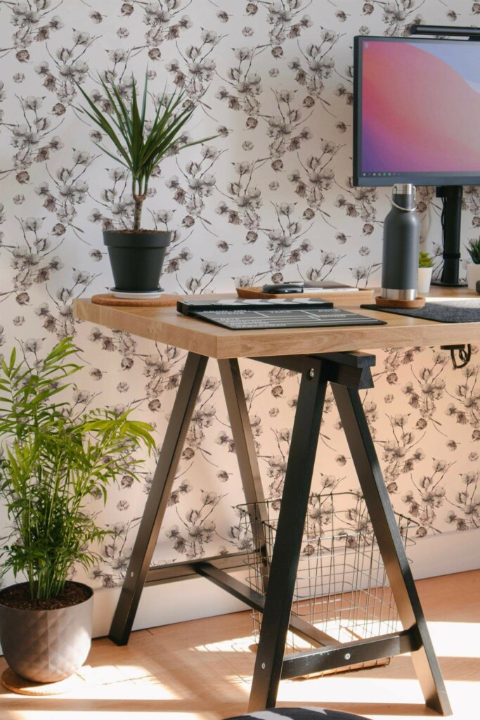 Scandinavian style home office decorated with Watercolor cotton peel and stick wallpaper