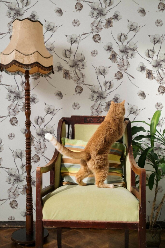 Victorian style living room with a cat decorated with Watercolor cotton peel and stick wallpaper