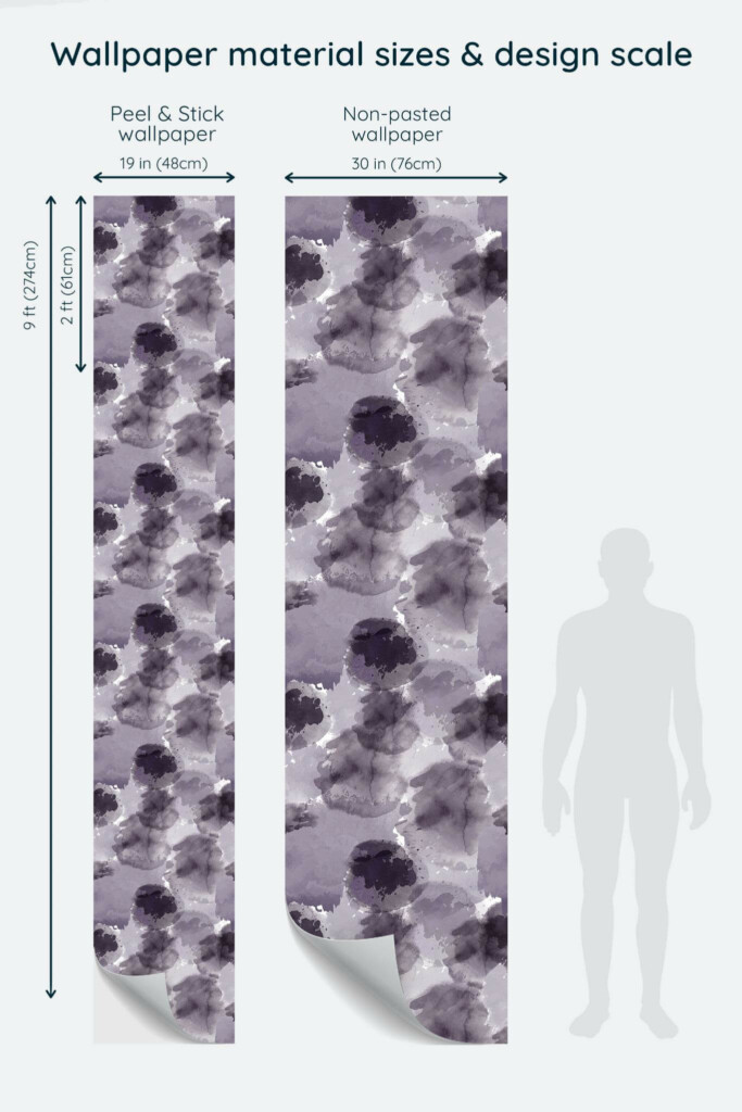 Size comparison of Watercolor dot Peel & Stick and Non-pasted wallpapers with design scale relative to human figure