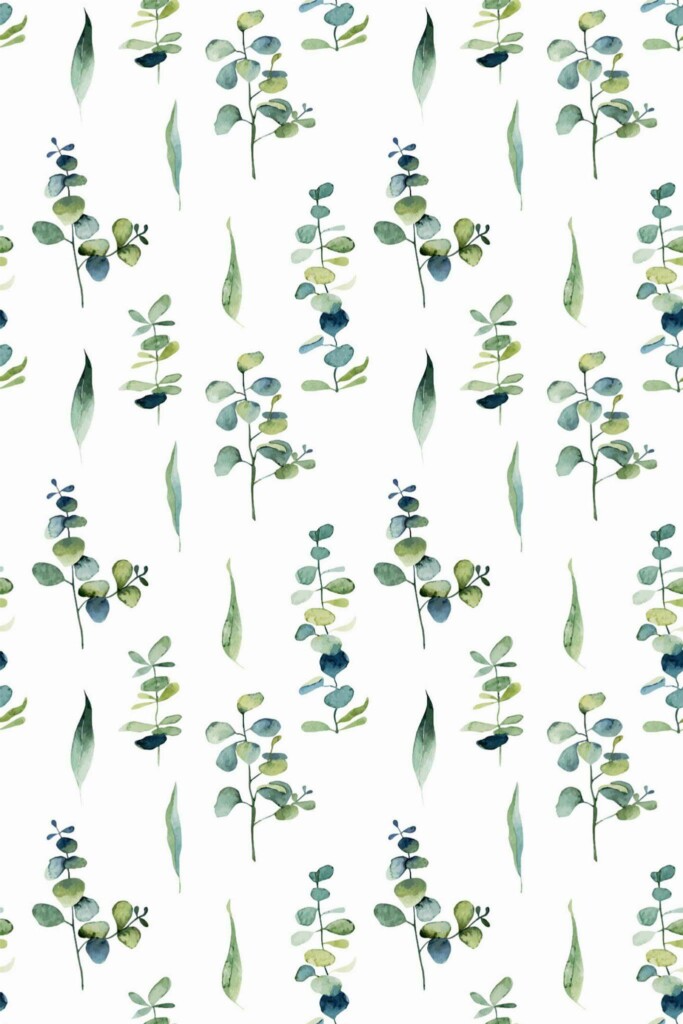 Pattern repeat of Watercolor eucalyptus leaf removable wallpaper design