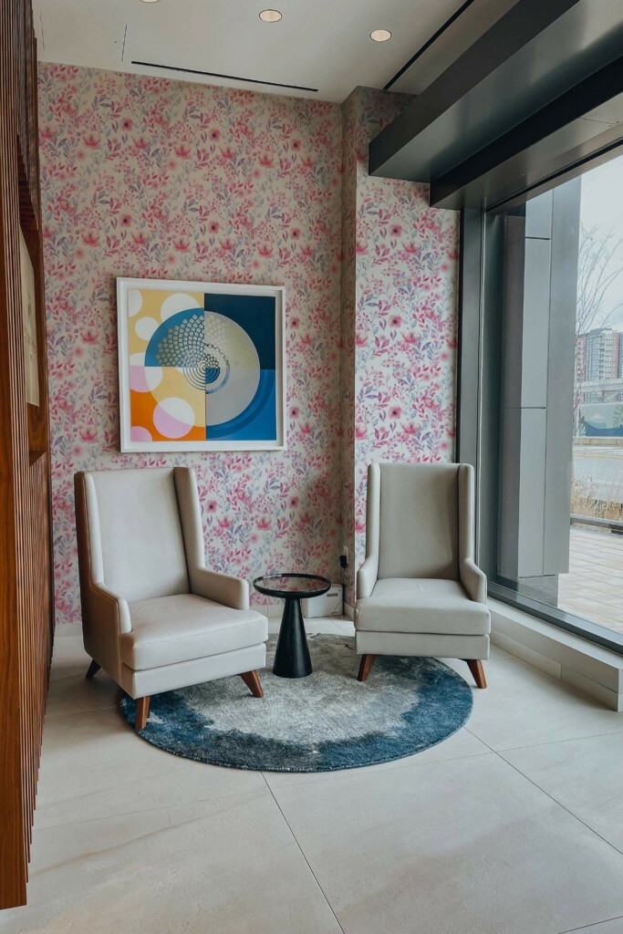 Mid-century-modern style living room decorated with Watercolor floral peel and stick wallpaper