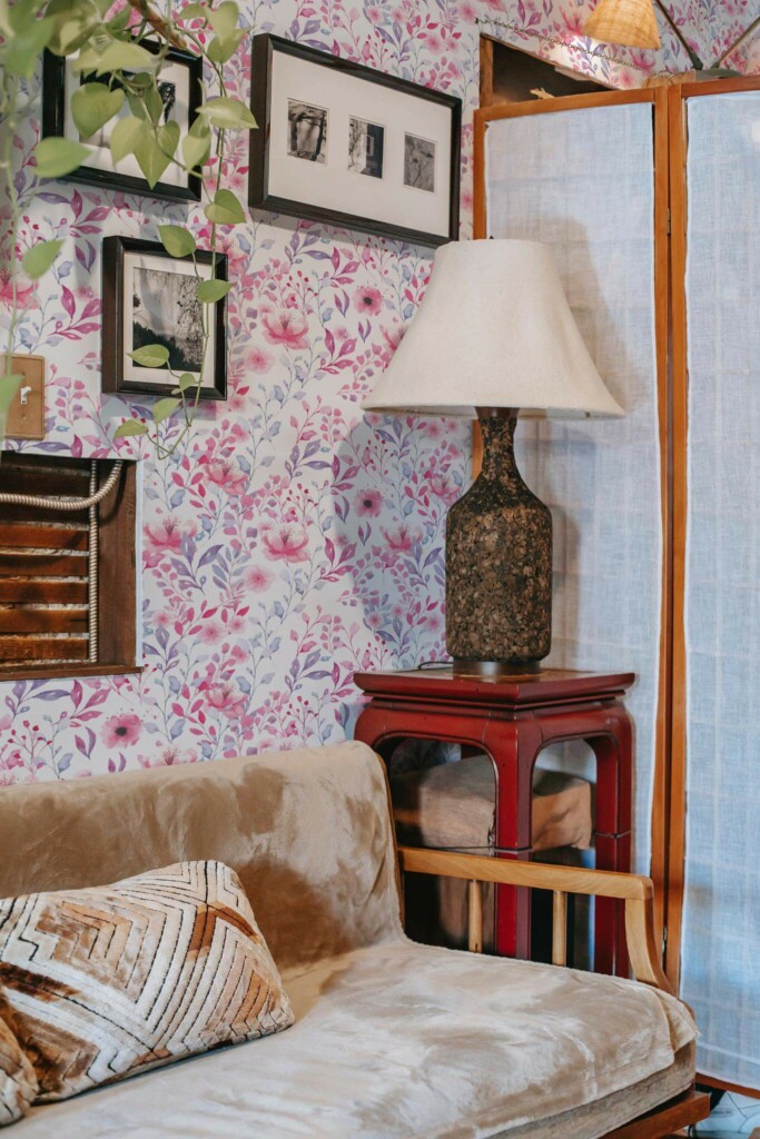 Southwestern style living room decorated with Watercolor floral peel and stick wallpaper