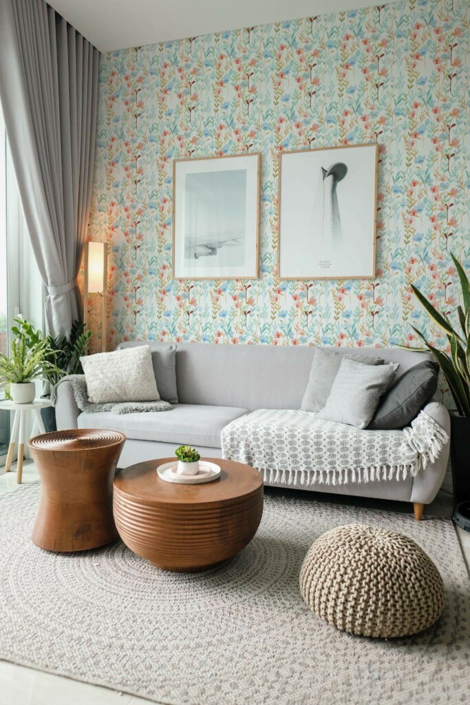 Modern scandinavian style living room decorated with Watercolor flowers peel and stick wallpaper and green plants