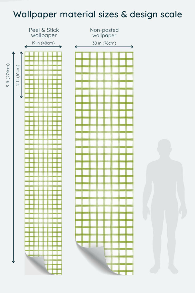 Size comparison of Watercolor green gingham Peel & Stick and Non-pasted wallpapers with design scale relative to human figure