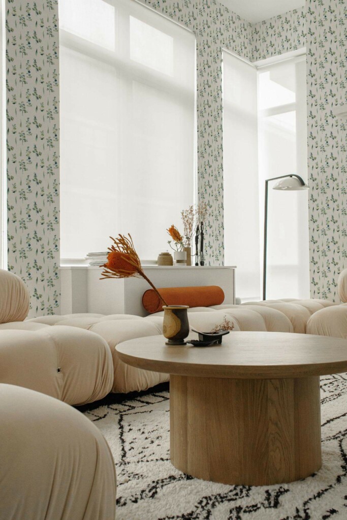 Contemporary style living room decorated with Watercolor green leaf peel and stick wallpaper