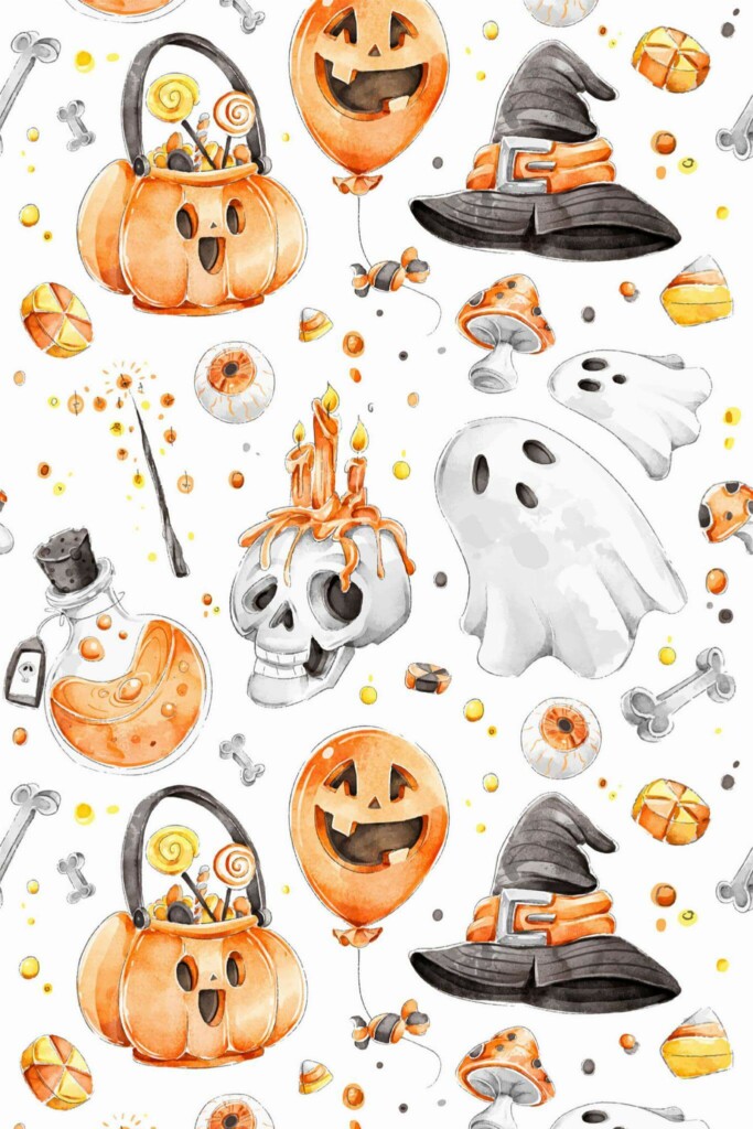 Pattern repeat of Watercolor Halloween removable wallpaper design
