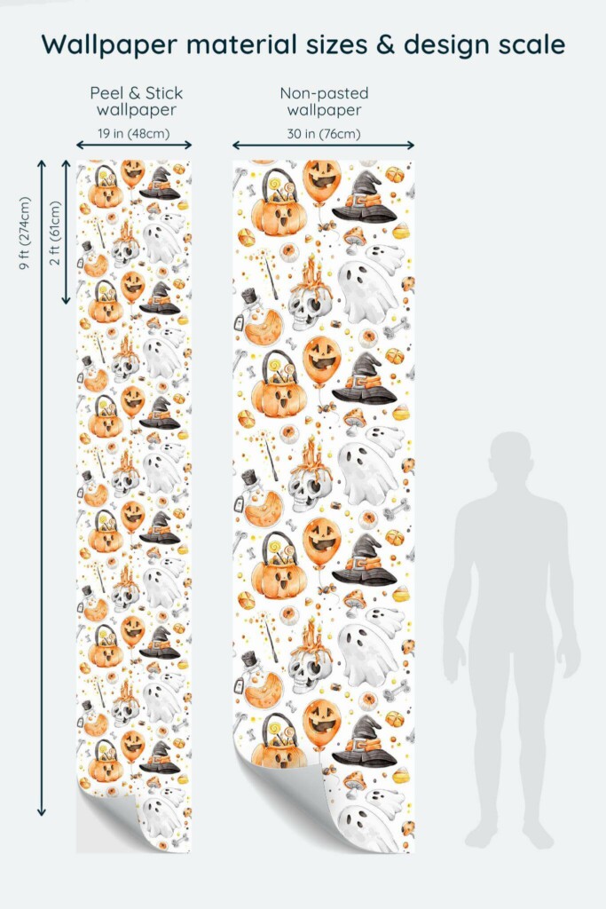 Size comparison of Watercolor Halloween Peel & Stick and Non-pasted wallpapers with design scale relative to human figure