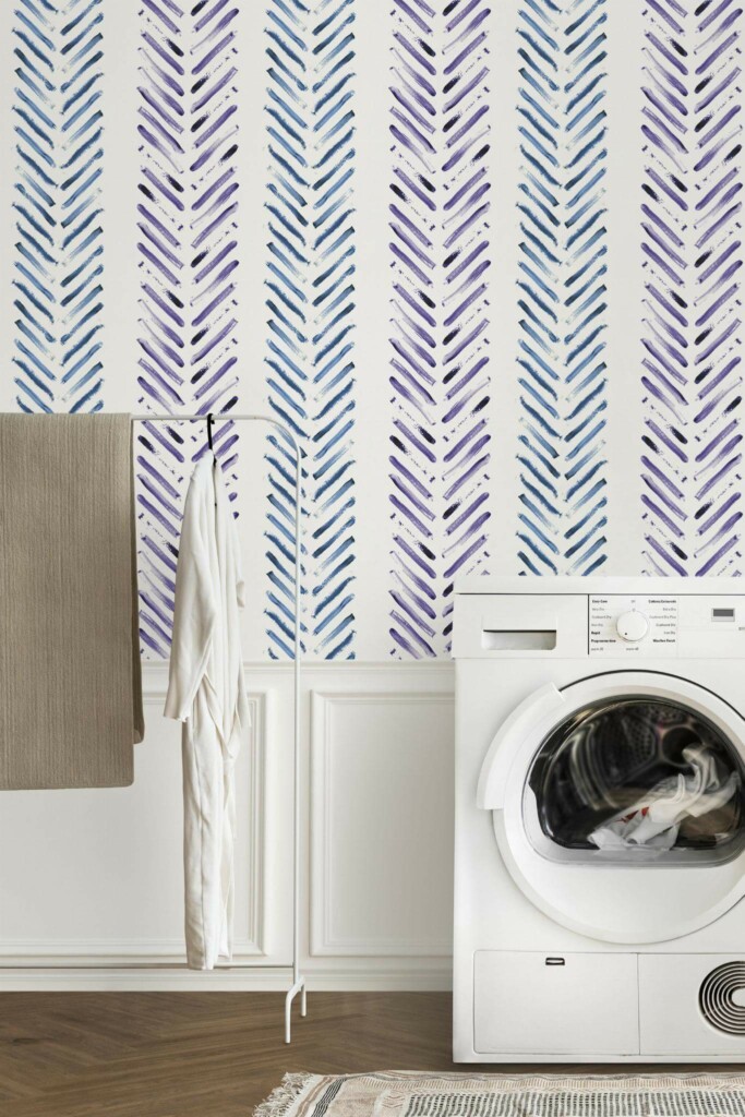 Minimal modern style laundry room decorated with Watercolor herringbone peel and stick wallpaper