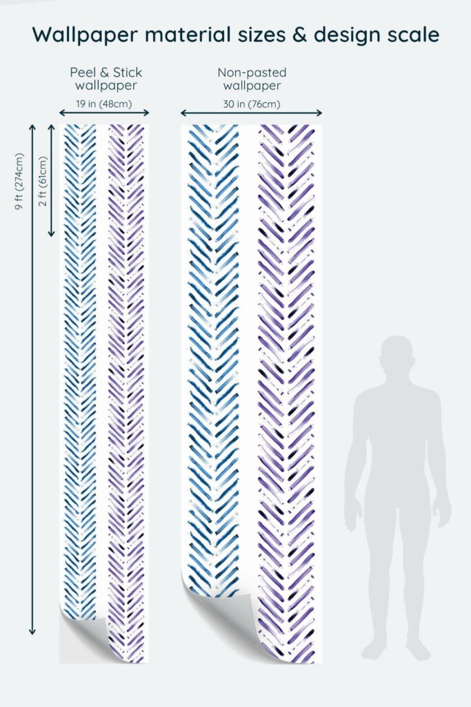 Size comparison of Watercolor herringbone Peel & Stick and Non-pasted wallpapers with design scale relative to human figure