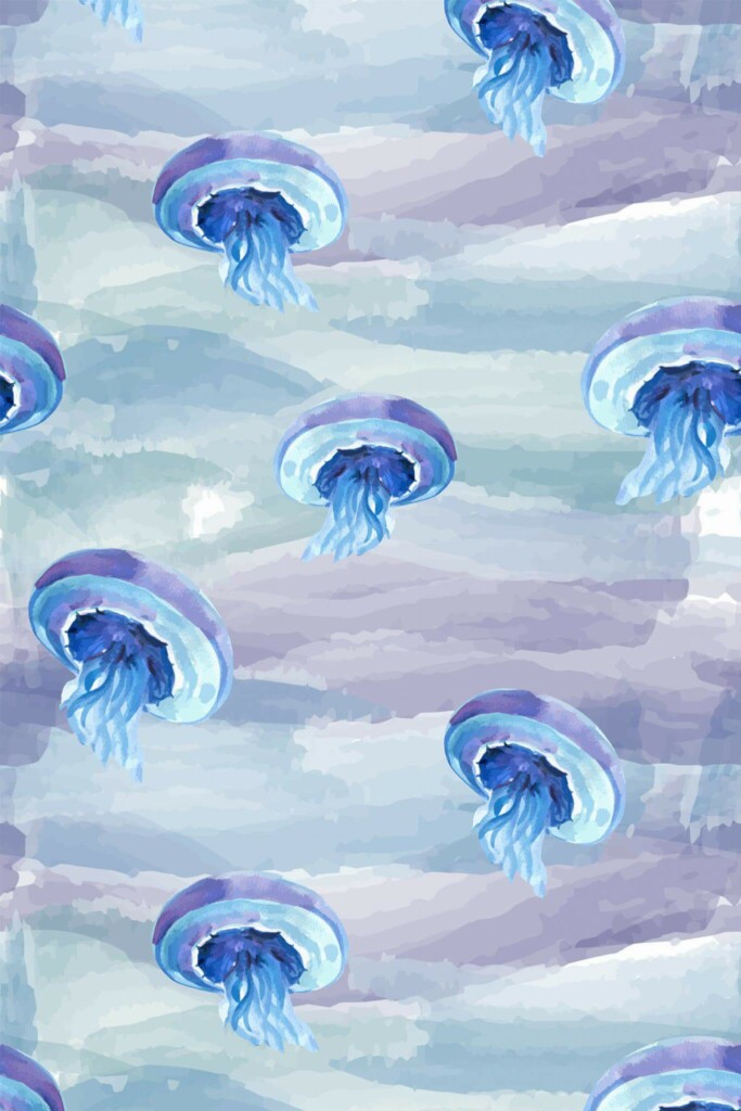 Pattern repeat of Watercolor jellyfish removable wallpaper design