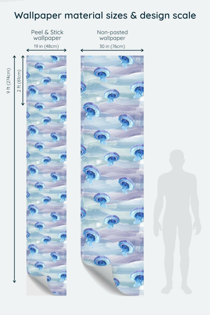 Size comparison of Watercolor jellyfish Peel & Stick and Non-pasted wallpapers with design scale relative to human figure