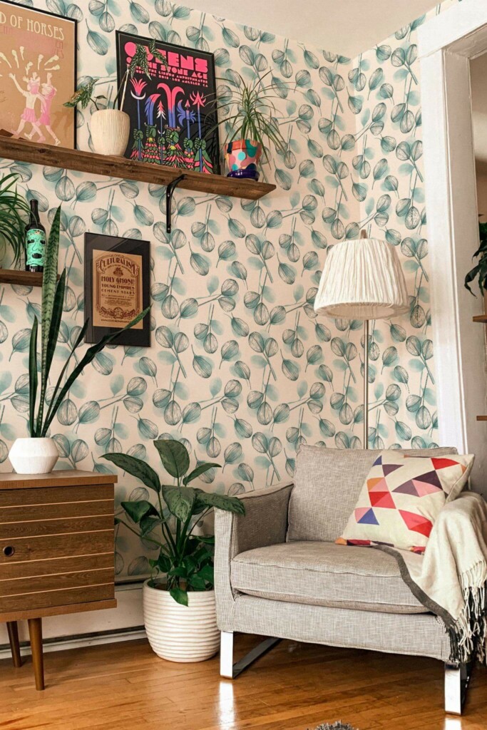 Eclectic style living room decorated with Watercolor leaf peel and stick wallpaper