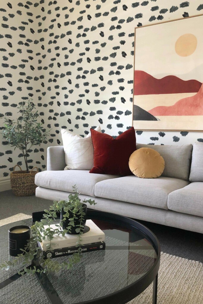 Boho style living room decorated with Watercolor marks peel and stick wallpaper