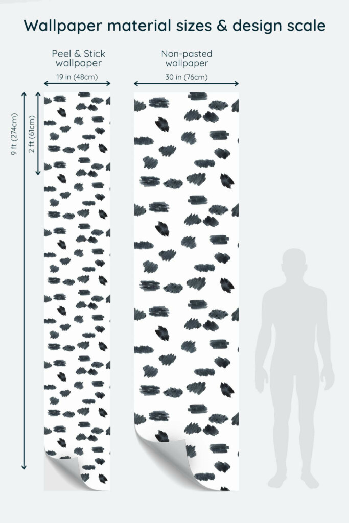Size comparison of Watercolor marks Peel & Stick and Non-pasted wallpapers with design scale relative to human figure