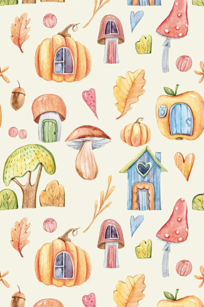 Pattern repeat of Watercolor mushroom removable wallpaper design