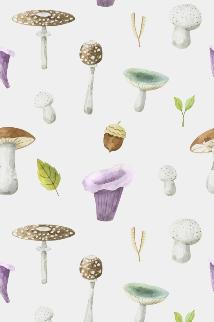 Pattern repeat of Watercolor mushrooms removable wallpaper design