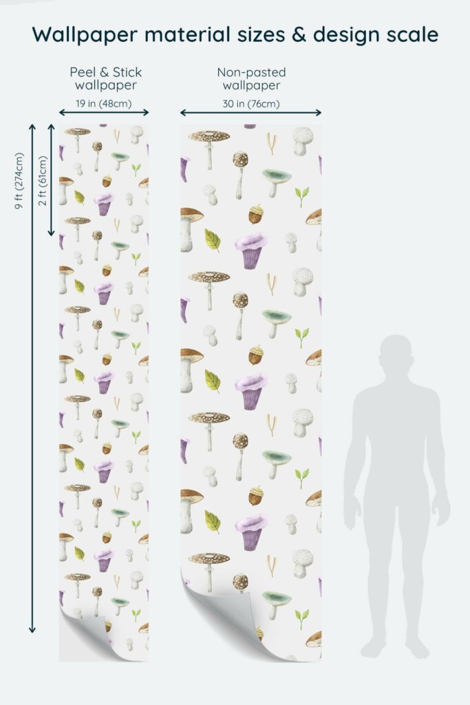 Size comparison of Watercolor mushrooms Peel & Stick and Non-pasted wallpapers with design scale relative to human figure