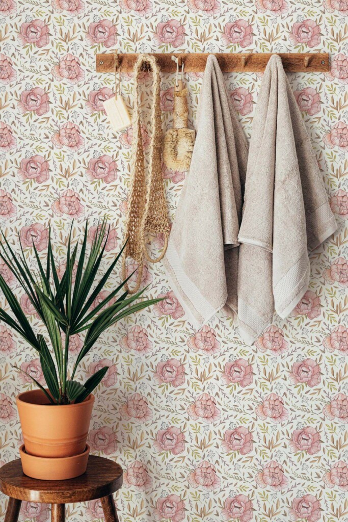 Boho style bathroom decorated with Watercolor nursery peony peel and stick wallpaper