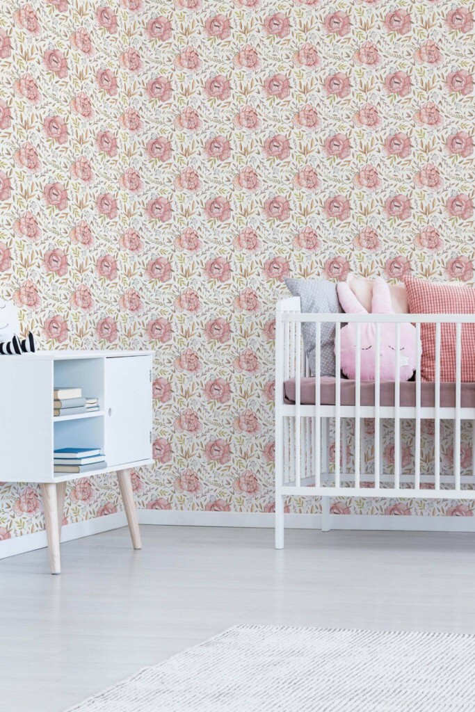 Minimal girly style nursery decorated with Watercolor nursery peony peel and stick wallpaper
