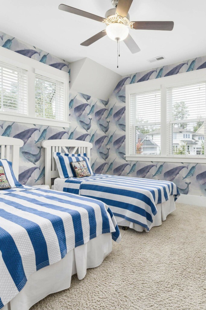 oastal style kids room decorated with Watercolor ocean peel and stick wallpaper