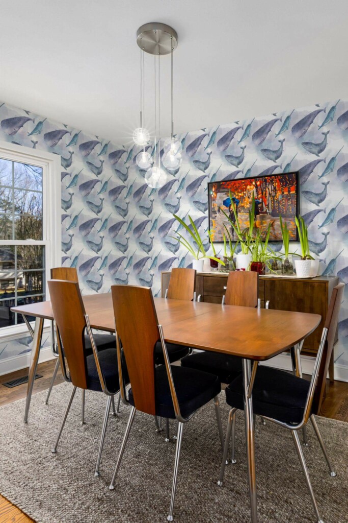 MId-century modern style dining room decorated with Watercolor ocean peel and stick wallpaper