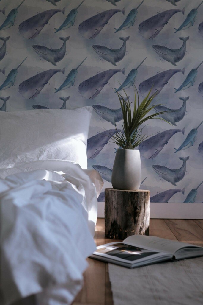 Minimal scandinavian style bedroom decorated with Watercolor ocean peel and stick wallpaper
