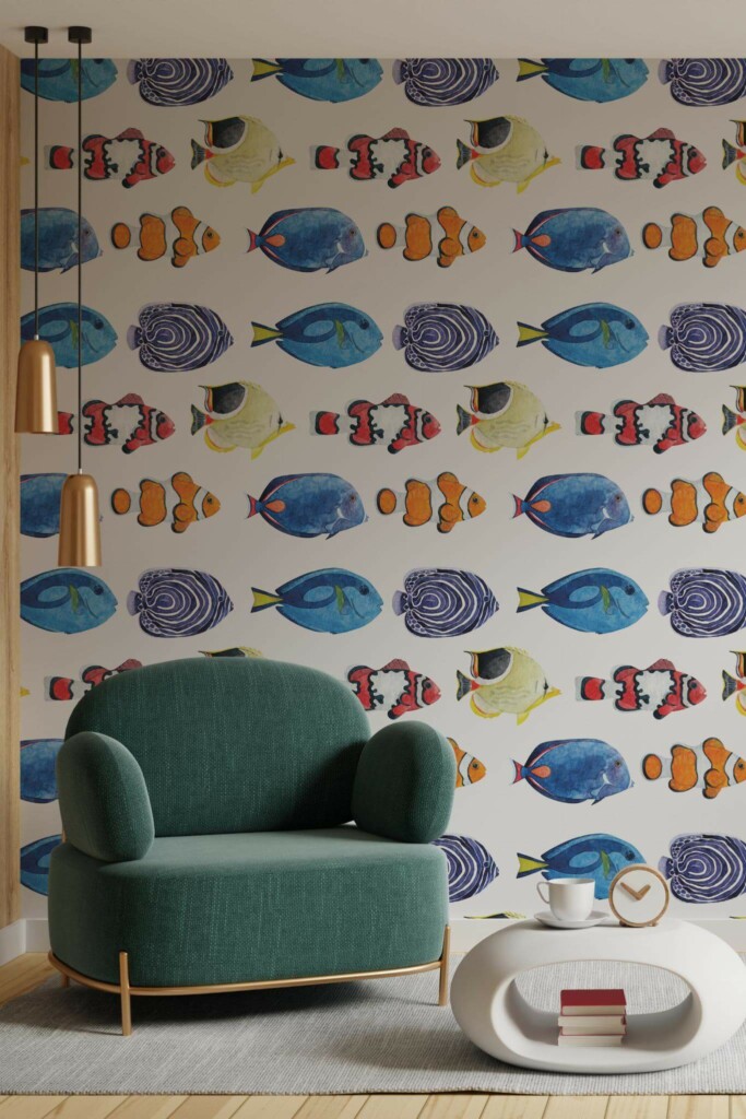 Contemporary style living room decorated with Watercolor pisces peel and stick wallpaper