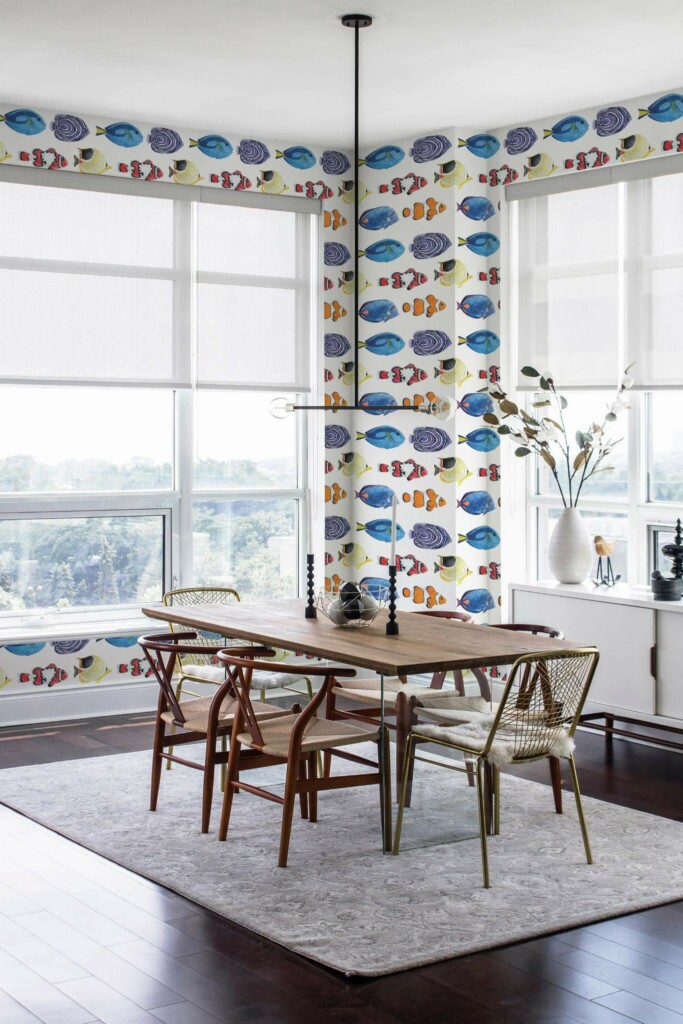 Modern minimalist style dining room decorated with Watercolor pisces peel and stick wallpaper