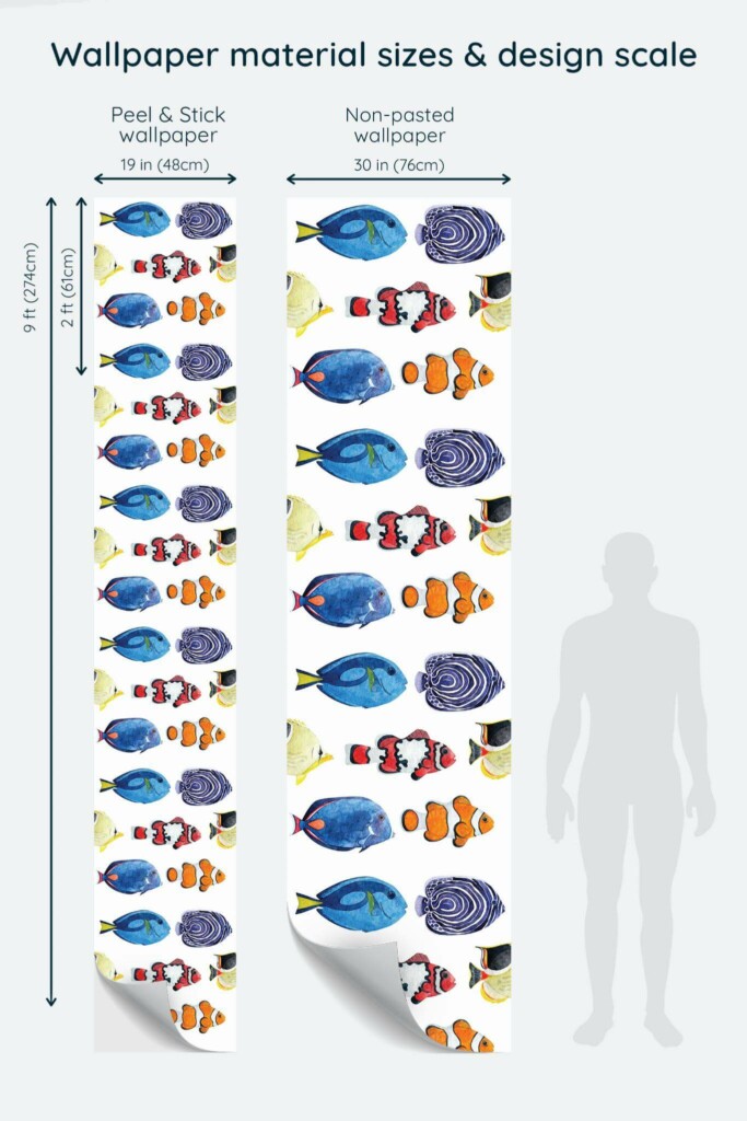 Size comparison of Watercolor pisces Peel & Stick and Non-pasted wallpapers with design scale relative to human figure