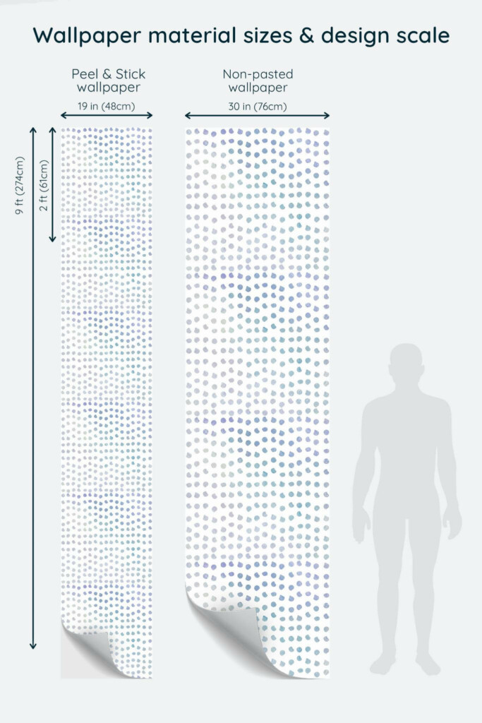 Size comparison of Watercolor polka dot Peel & Stick and Non-pasted wallpapers with design scale relative to human figure