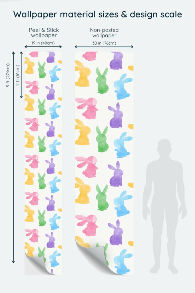 Size comparison of Watercolor rabbit Peel & Stick and Non-pasted wallpapers with design scale relative to human figure
