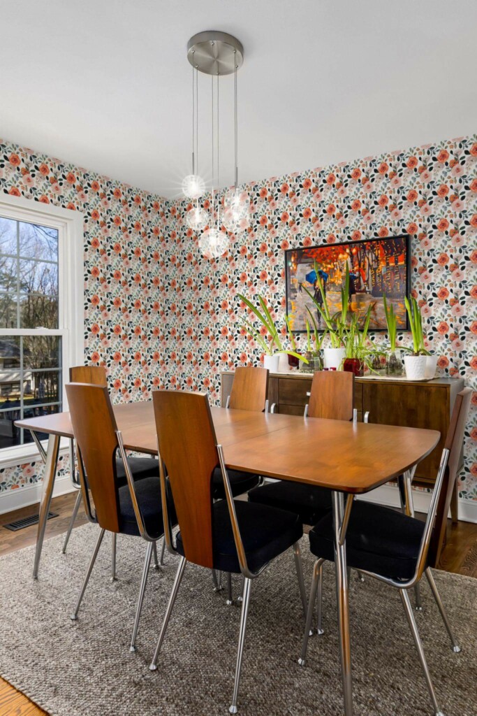 MId-century modern style dining room decorated with Watercolor rose peel and stick wallpaper