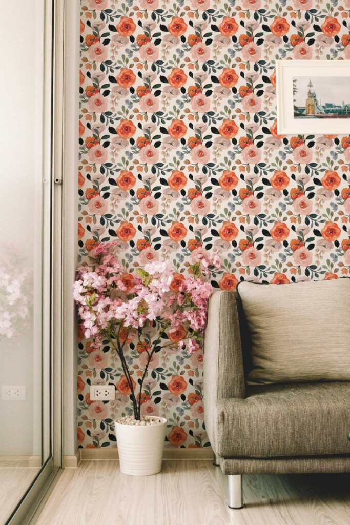 Modern farmhouse style living room decorated with Watercolor rose peel and stick wallpaper