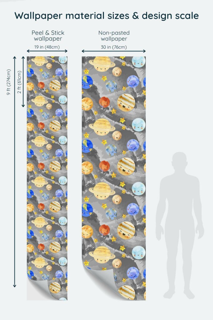 Size comparison of Watercolor solar system Peel & Stick and Non-pasted wallpapers with design scale relative to human figure