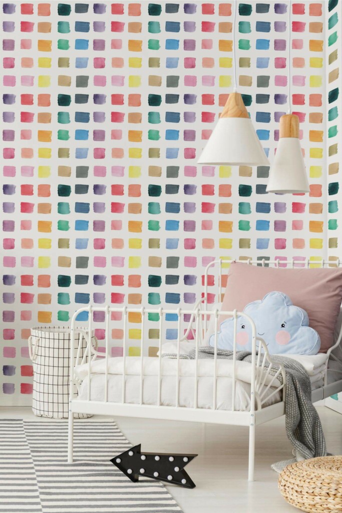 Bohemian style kids room decorated with Watercolor squares peel and stick wallpaper