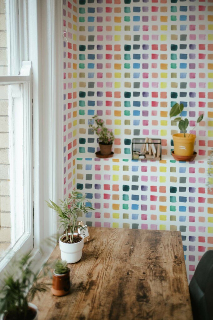 Farmhouse style home office decorated with Watercolor squares peel and stick wallpaper